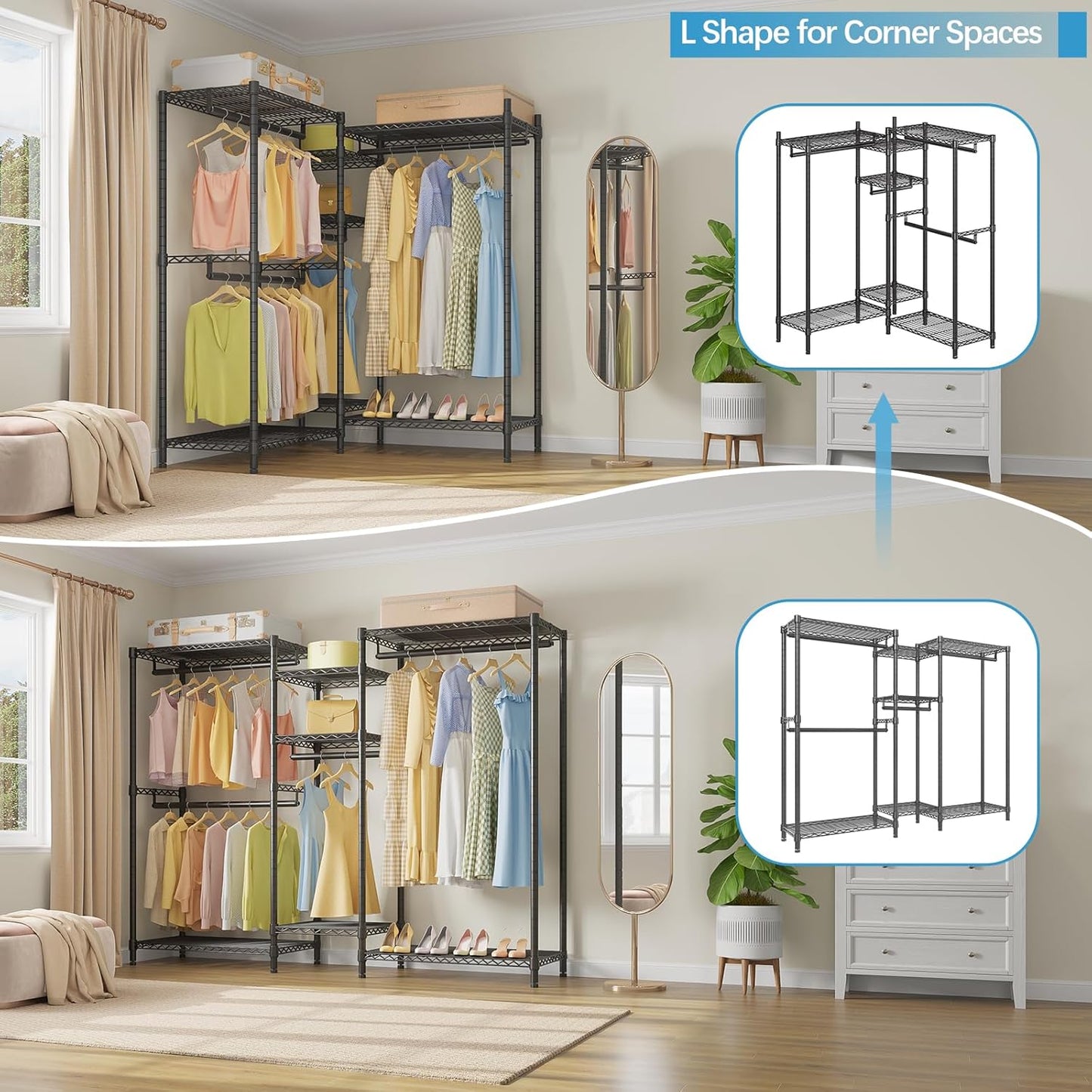 VIPEK Classic V6 Wire Garment Rack Heavy Duty Clothes Racks with Shelves, Freestanding Portable Wardrobe Closet Rack for Hanging Clothes Closet System 68.9" L x 15.7" W x 76.4" H, Load 850LBS, Black