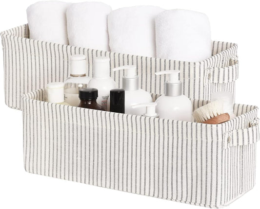 StorageWorks Narrow Storage Bins, Small Basket for Closet and Shelves, Fabric Organizer with Handles, Toilet Paper Storage, Khaki and Beige Stripes, 2-Pack