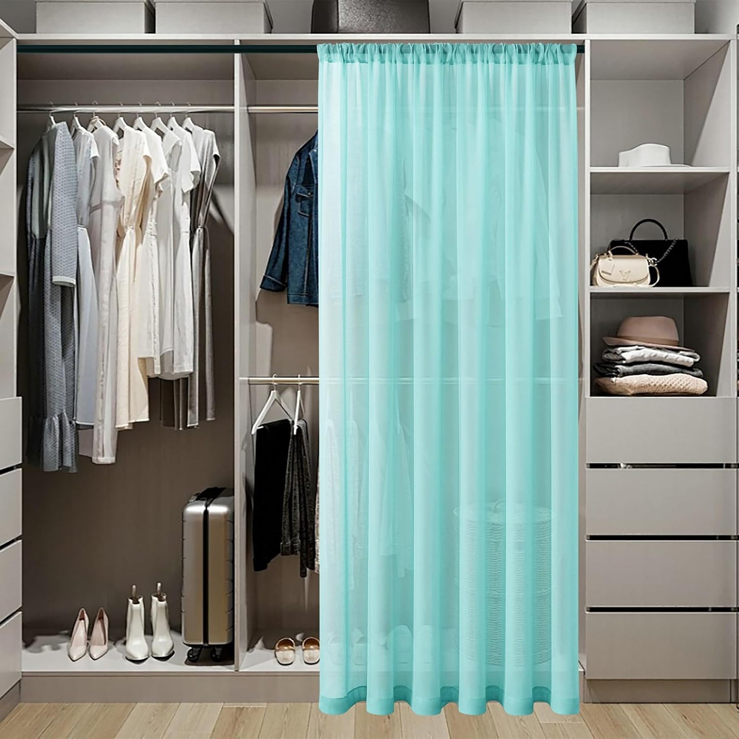 Tollpiz Sheer Curtains Closet Linen Textured Curtain Sheers Doorway Light Filtering Voile French Door Rod Pocket Curtains Patio Glass Door, 54 x 63 inches Long, Crystal Blue, Set of 1 Panel