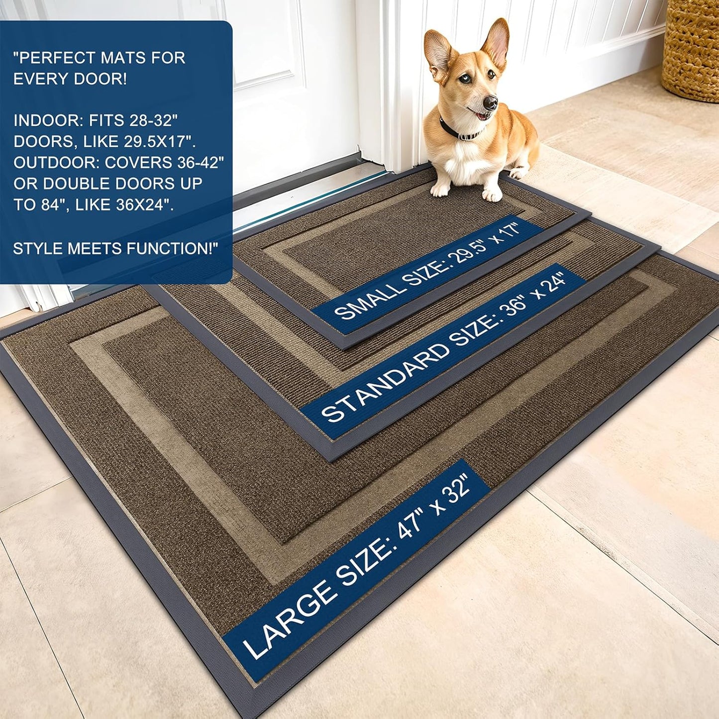 OLANLY Front Door Mat Indoor Outdoor Entrance, Waterproof All-Season, All-Weather Doormat, Sturdy Natural Rubber, Fade Resistant, Low Profile, Easy Clean Patio Porch Entryway Mat, 59x40, Brown