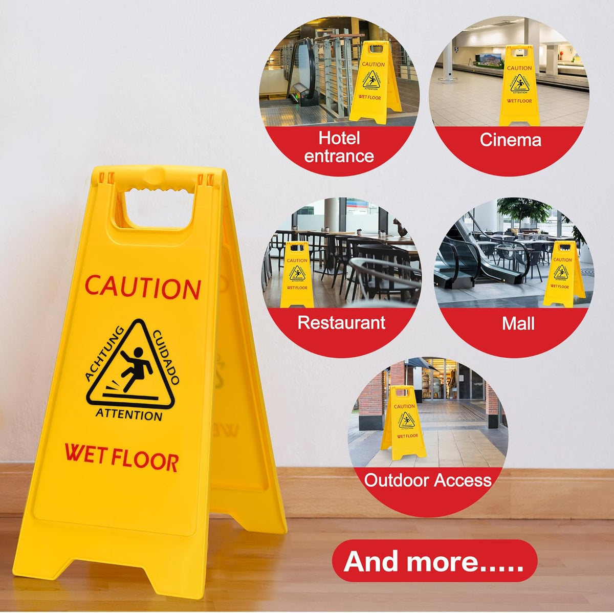MATTHEW CLEANING 25'' Industrial Wet Floor Sign 3 Pack 2-Sided Safety A-Frame Birght Yellow Multilingual Warning Signs Commercial Caution Wet Fold-out Floor Signs For Indoors and Outdoors