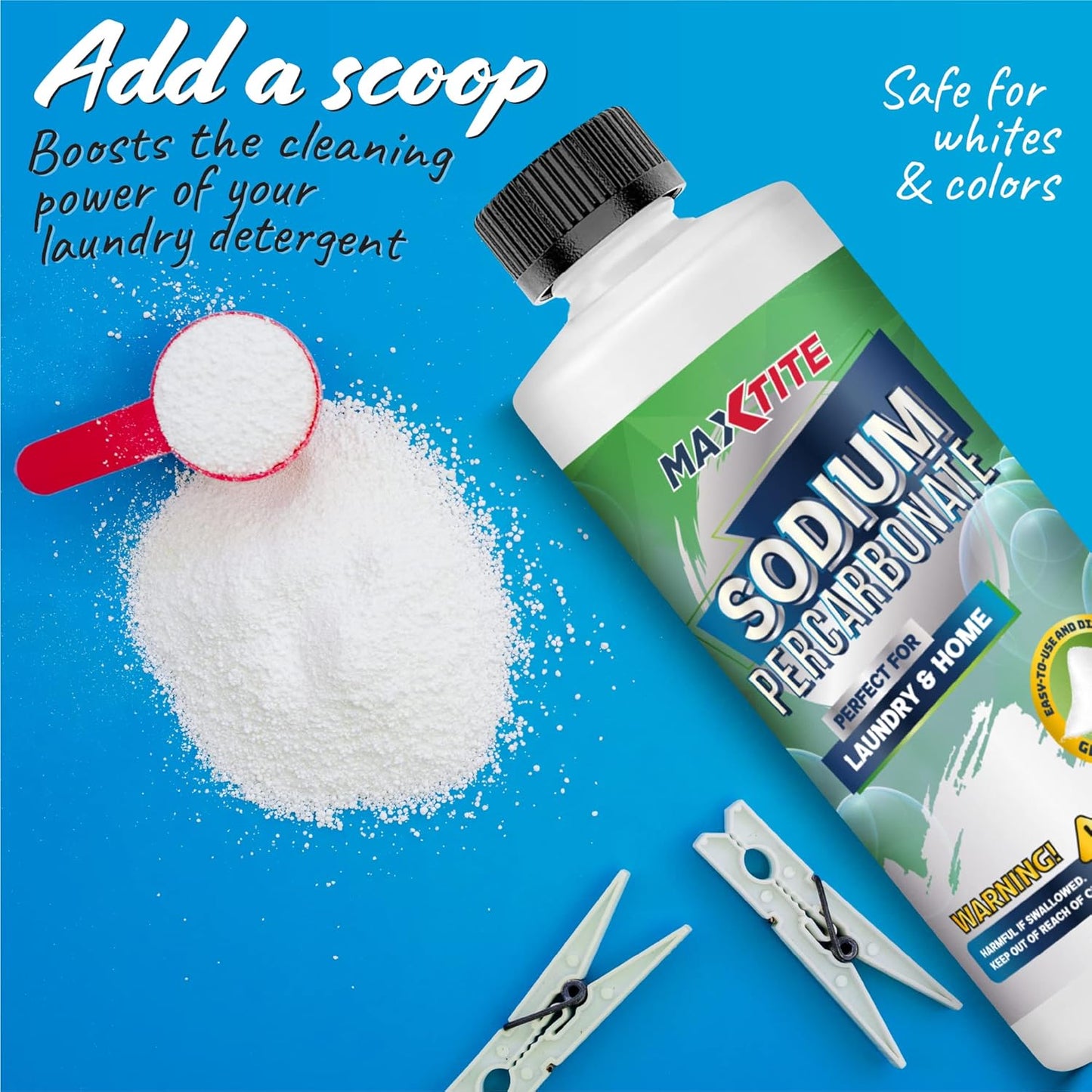 MAXTITE Sodium Percarbonate (2 lbs) - 100% Pure - Solid Hydrogen Peroxide/Oxygenated Bleach - Multi-Use Cleaner for Home & Laundry - HDPE container w/Resealable Child Resistant Cap