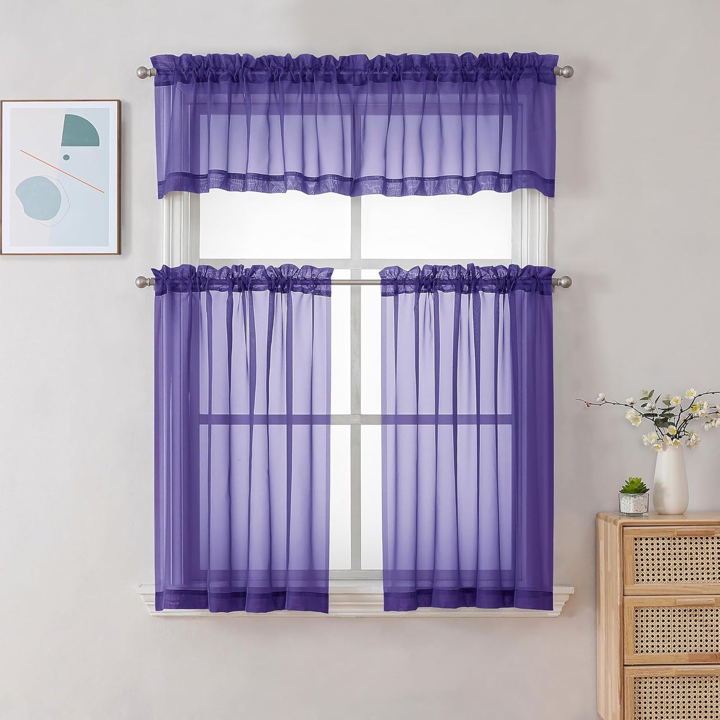 Chyhomenyc Sheer Valances for Windows 2 Pack, Small Window Curtains for Living Room Bathroom Cafe Laundry Basement, Modern Top Dual Rod Pocket Voile Curtain, 42W x 18L inches, Purple