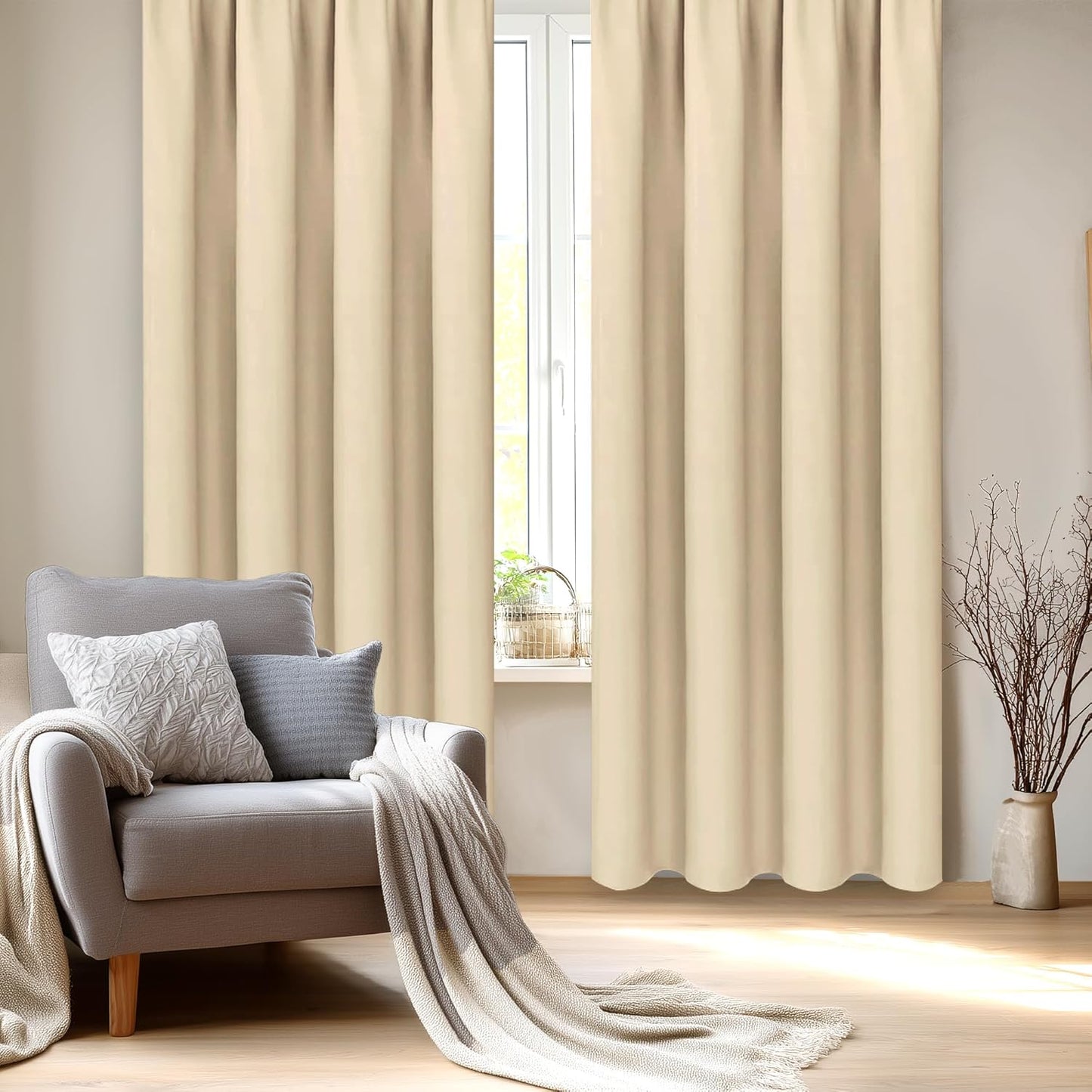 DWCN Blackout Curtains Room Darkening Thermal Insulated Bedroom Curtains Window Curtain Panels, 42 x 84 inches Long, Set of 2 Beige Rod Pocket Drapes