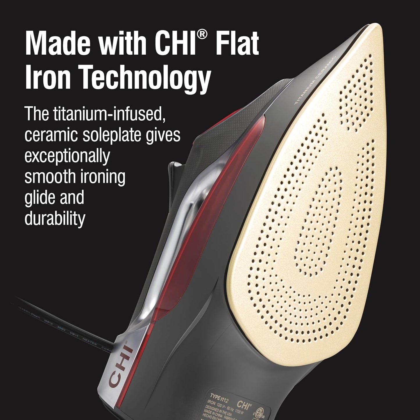 CHI Steam Iron for Clothes with 8’ Retractable Cord, 1700 Watts, 3-Way Auto Shutoff, 400+ Holes, Professional Grade, Temperature Control Dial, Titanium Infused Ceramic Soleplate, Silver (13106)