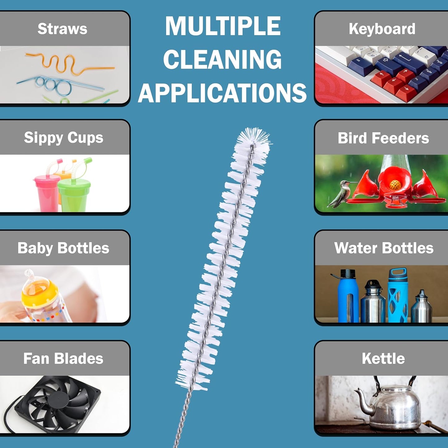 Strong 'n Flex Nylon Straw Cleaner Brushes – Fan-Shaped End for Tight Spaces, Ideal for Reusable Straws, Water Bottles, Sippy Cups & Pipes – Includes Zippered Pouch – 10" Long – Set of 3