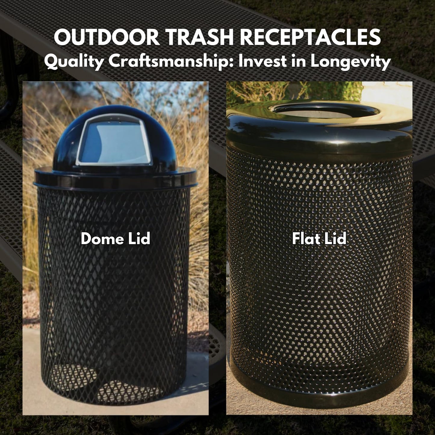 COATEDOUTDOORFURNITURE RDT-BRW Heavy Duty 32 Gallon Round Trash Receptacle, Liner Included, Brown with Black Dome, Made in America