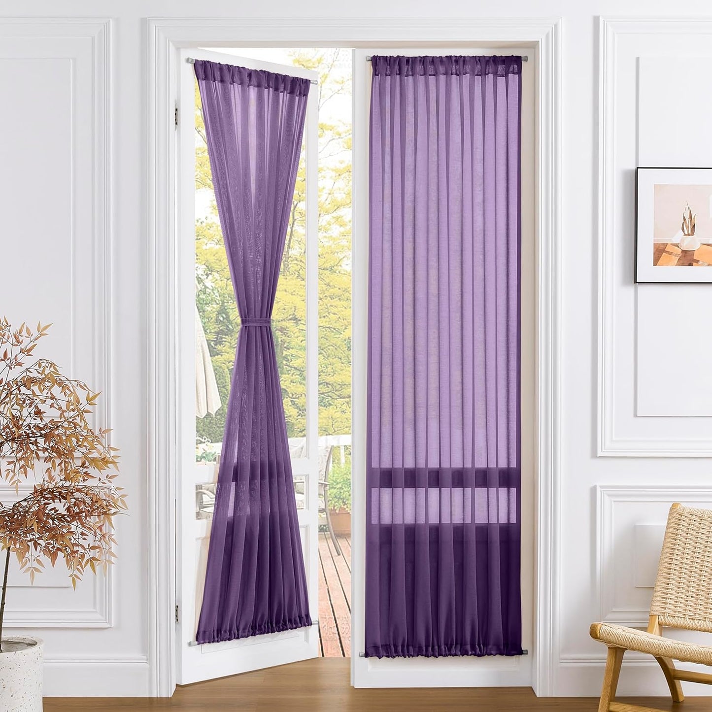 Tollpiz Sheer Door Curtains Closet Linen Textured Curtains Sheer Doorway Light Filtering Voile Rod French Door Pocket Curtain Patio Glass Door, 25 x 72 inches Long, Royal Purple, Set of 1 Panel