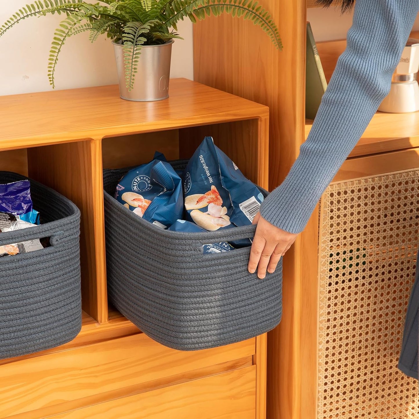 OIAHOMY 4 Pack Storage Baskets for Organizing, Cube Storage Bins for Shelves, Rectangle Storage Baskets With Handles, Woven Baskets for Storage, 12.7''Lx9''Wx7.8''H, Blue