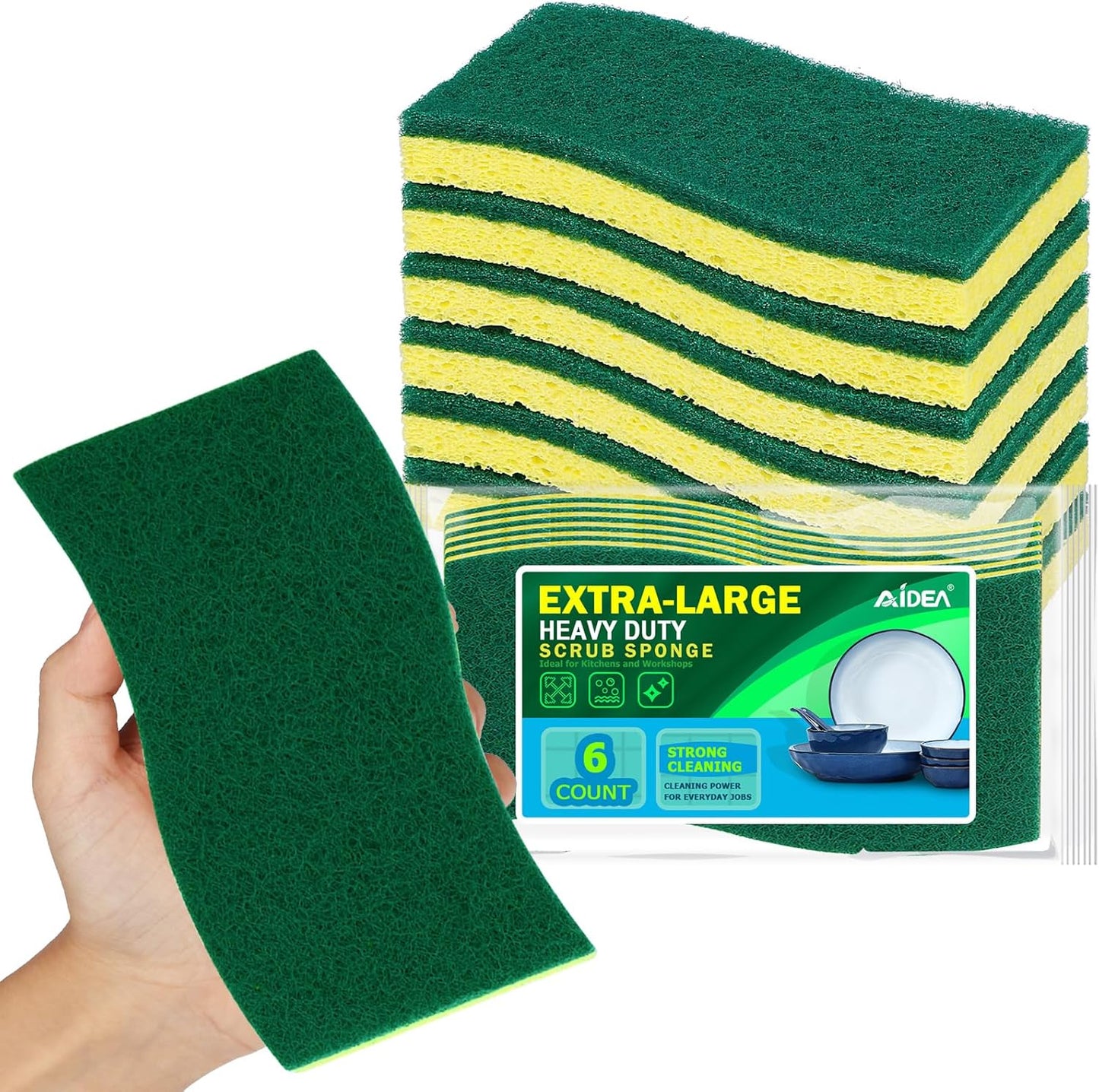AIDEA XL Scrub Sponges 6Count, Heavy Duty Sponges for Dishes, Extra Large Sponge for Cleaning Kitchen and Household, Heavy Duty Sponge Safe for Non-Coated Cookware, Cleaning Power for Bathroom, House