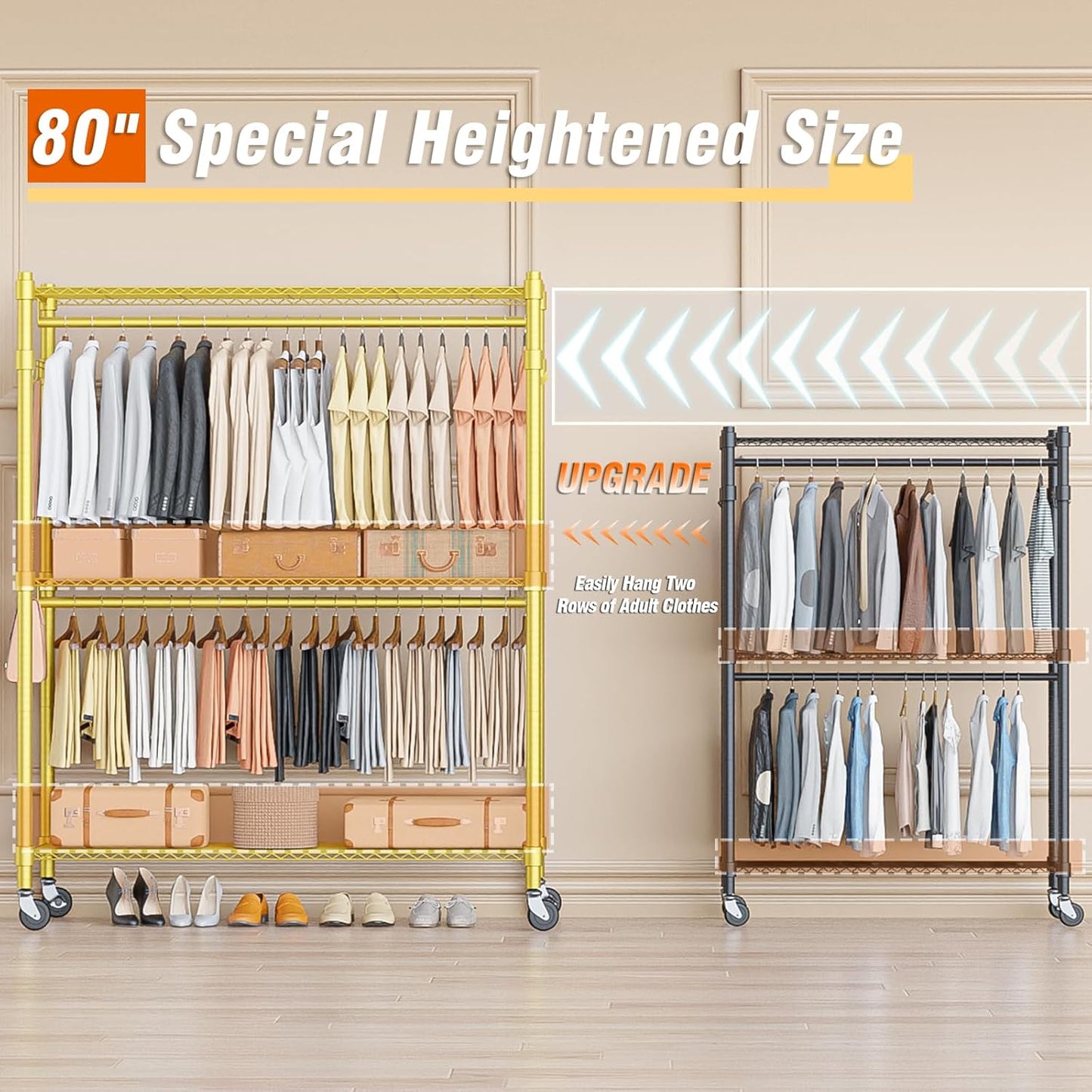 Homdox Gold Heavy Duty Clothes Rack with Wheels, 3-Tier Rolling Metal Garment Organizer with Double Hanging Rods & Hooks, Freestanding Portable Closet, 17.72" D x 47.24" W x 80.71" H