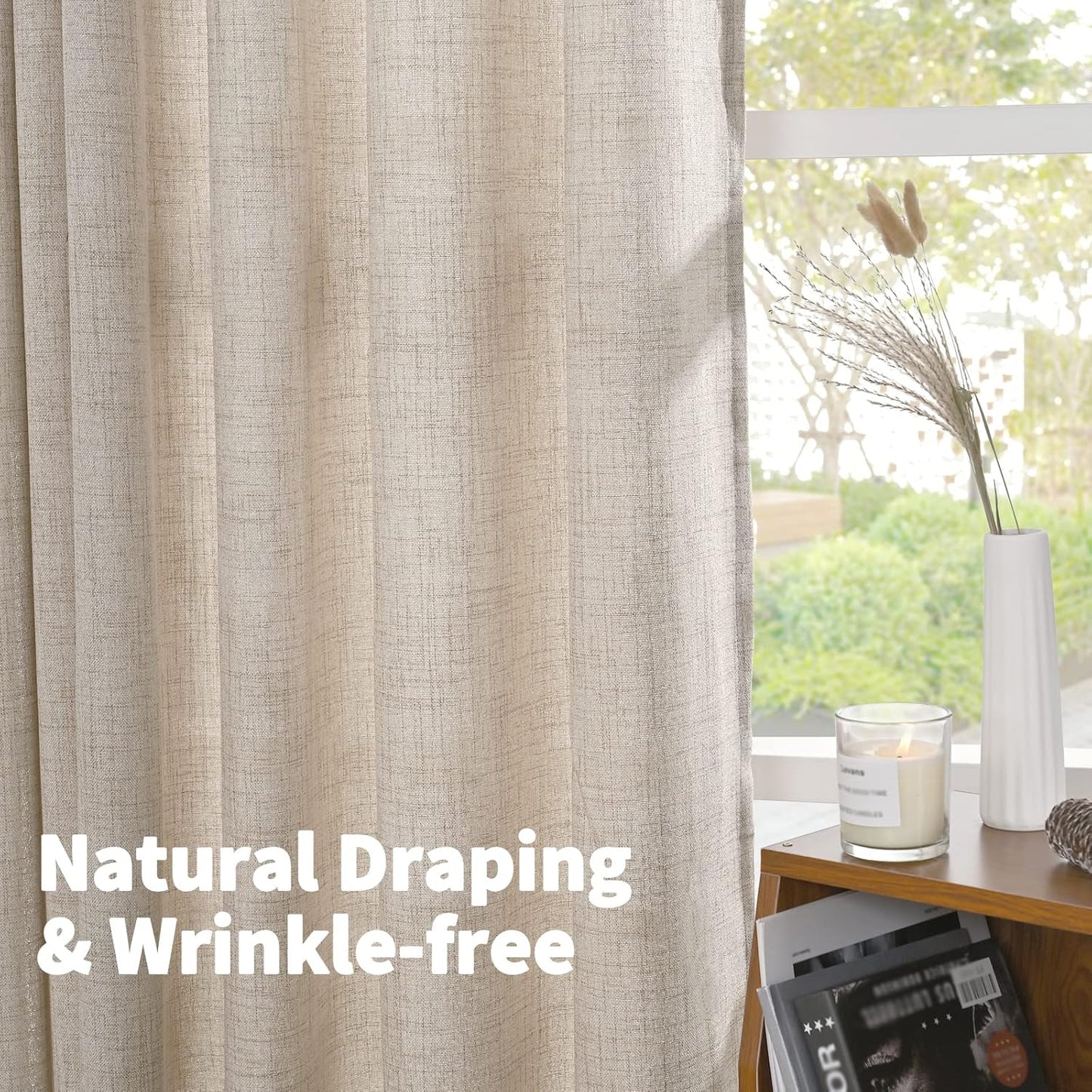 YoungsTex 84 Inch Length Linen Curtains for Living Room 2 Panels - Semi Sheer Drapes with Rod Pocket Back Tab Light Filtering Window Treatments for Bedroom Dining, Natural, 52 X 84 Inch