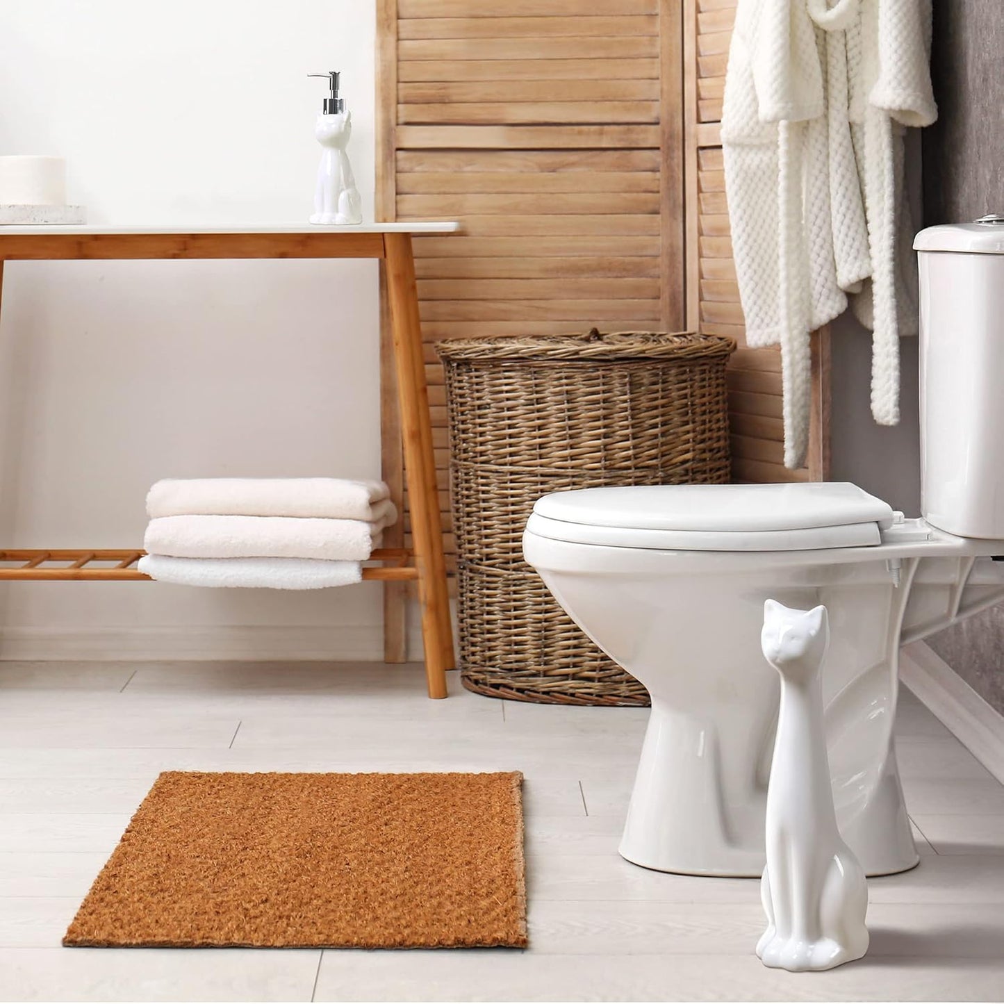Allure Home Creation Cat 3-Piece Ceramic Toilet Brush Holder & Soap Dispenser - White Plastic Scrub Brush Included