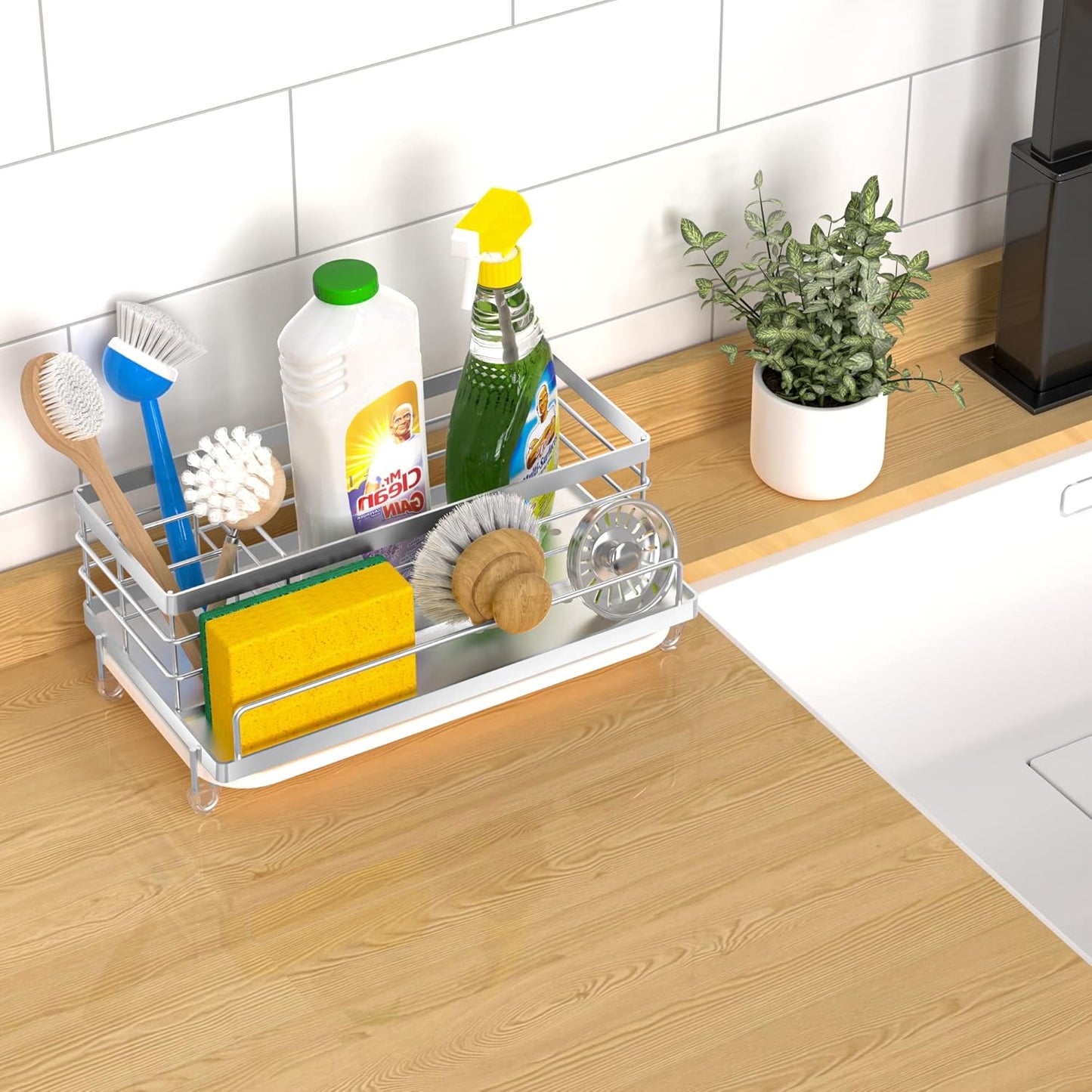Cisily Stainless Steel Sponge Holder for Kitchen, Sink Caddy Sink Organizer Rack for Kitchen Accessories with Drip Tray, Rustproof and Non-slip, Dish Soap Dispenser Countertop Organizer
