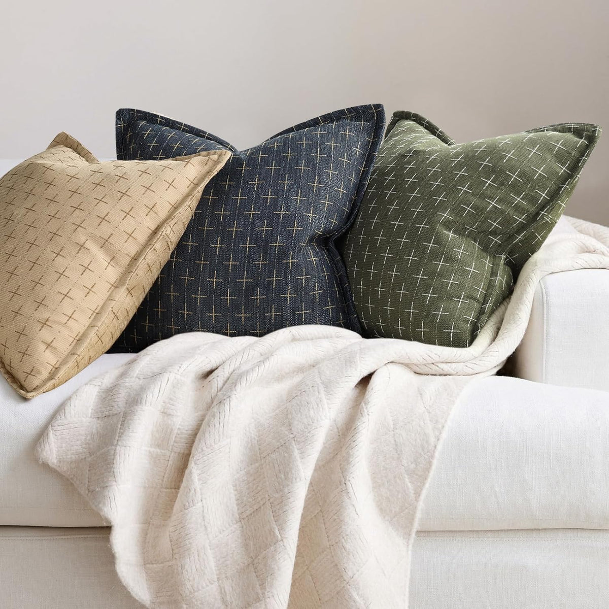 ZWJD Pillow Covers 16x16 Set of 2 Soft Polyester Textured Pillow Covers with Stylish Flange Edge Cozy Farmhouse Throw Pillows for Couch Bed Sofa Living Room