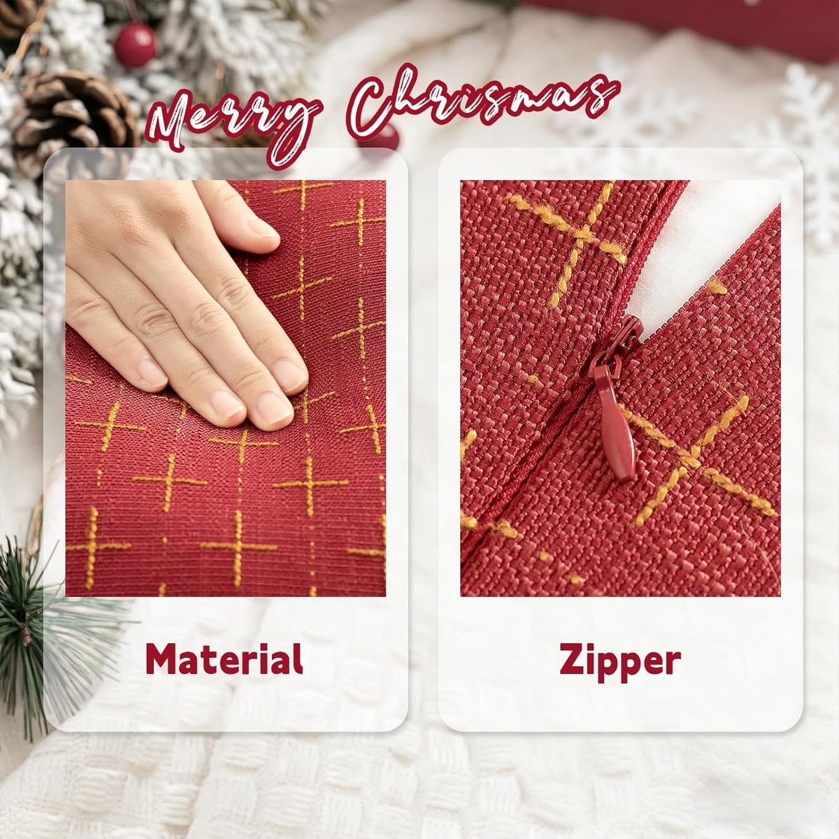 ZWJD Christmas Pillow Covers 16x16 Set of 2 Soft Polyester Textured Pillows with Stylish Flange Edge Cozy Farmhouse Christmas Decor for Couch Bed Sofa Living Room (Red)