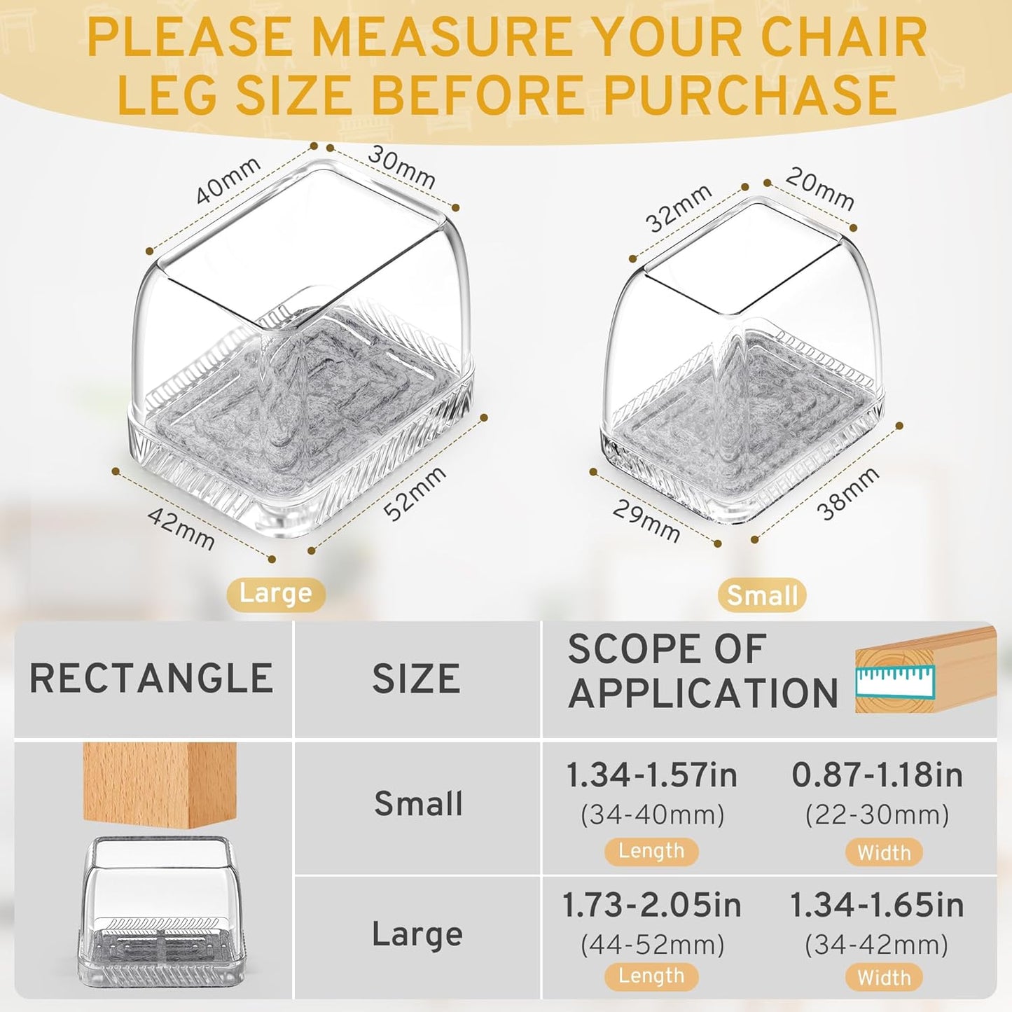 24PCS Rectangular Chair Leg Floor Protectors, Furniture Sliders, Non-Slip Felt Furniture Pads for Hardwood Floors, Silicone Cap Covers to Protect Floors,(Fit L :1.73-2.05", W: 1.34-1.65")