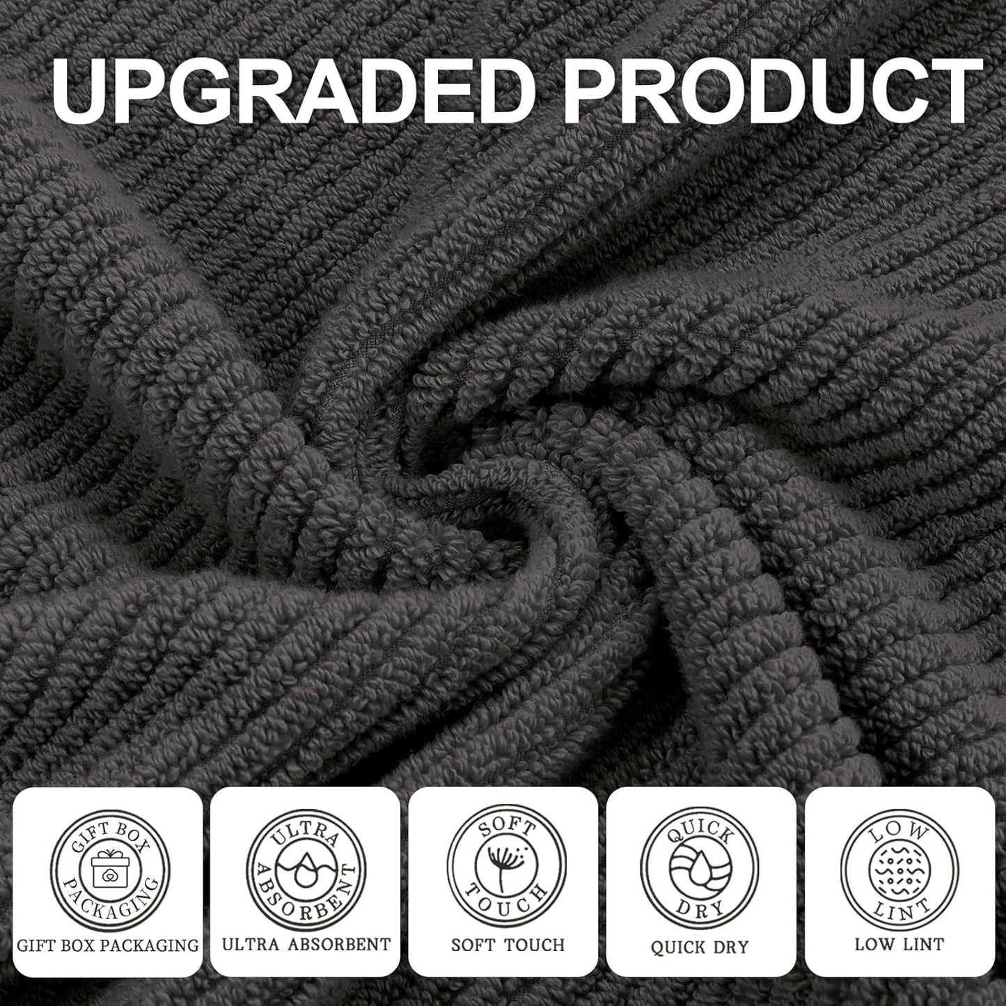 VOOVA & MOVAS Grey Bath Towels (4PC, Large 30"x56") - 100% Cotton | Quick Dry | Light Weight | Thick | Soft | Absorbent, Luxury Hotel Shower Towel, Bath Towel Gift Set, Dark Gray