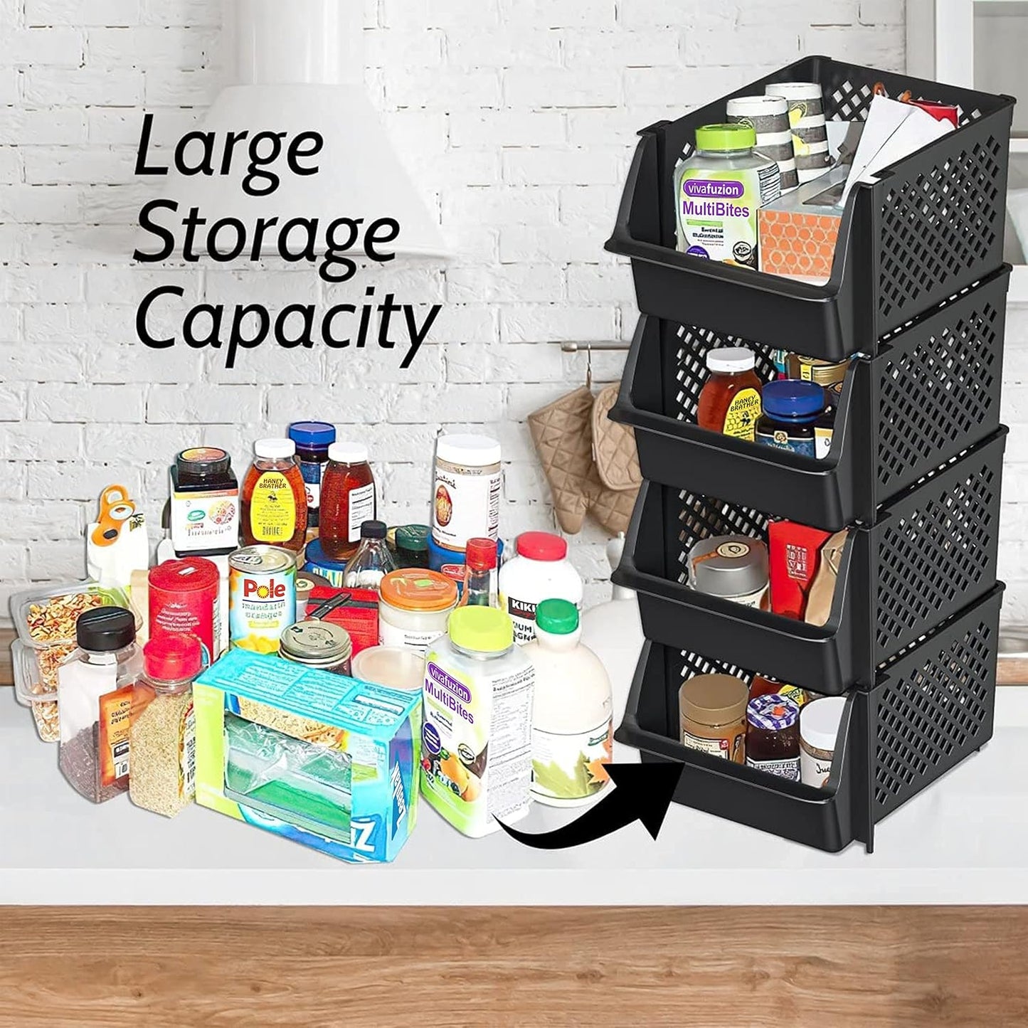 Skywin TidyFriend Plastic Stackable Storage Bins for Pantry, 24 Pack Stackable Bins for Organizing Food, Kitchen, and Bathroom Essentials (Black)