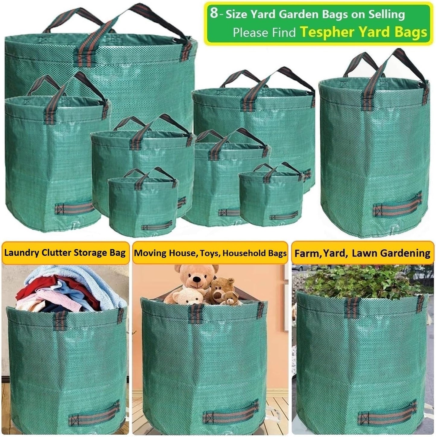 Professional 3-Pack 137 Gallon Lawn Garden Bags (D34, H34 inches) Big Yard Waste Bags with Garden Gloves, Extra Large Reusable Leaf Bags,Garden Clippings Bag,Leaf Container,Yard Trash Bags 4 Handles