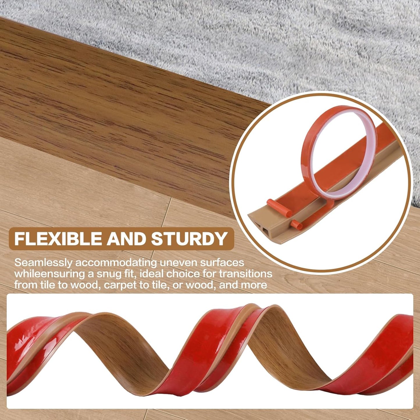 Floor Transition Strip Vinyl Door Threshold Ramp Self Adhesive Carpet Edging Strip Doorway Edge Trim, Overlap Edge Reducer for Laminate Carpet, Floor, Tile (Orange Oak, 3/5" to 4/5", 6.6Ft)