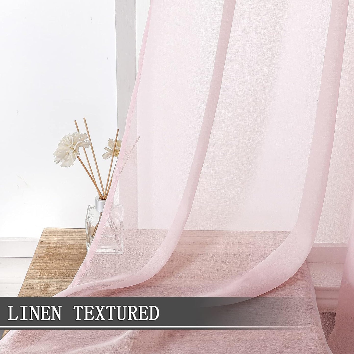 Tollpiz Short Sheer Curtain Linen Textured Living Room Curtains Sheer Light Filtering Rod Pocket Voile Curtain for Bedroom, 42 x 54 inches Long, Pink, Set of 2 Panels