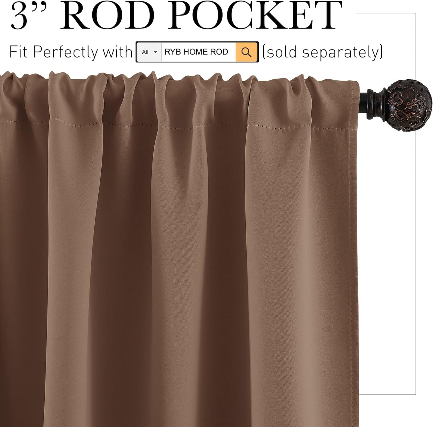 RYB HOME Short Curtains for Small Window, Energy Efficient Window Curtain Panels Room Darkening Shade Tiers Pair for Kitchen Nursery Kids Bedroom, 42 inch Width x 30 inch Length, Mocha, 2 Pcs