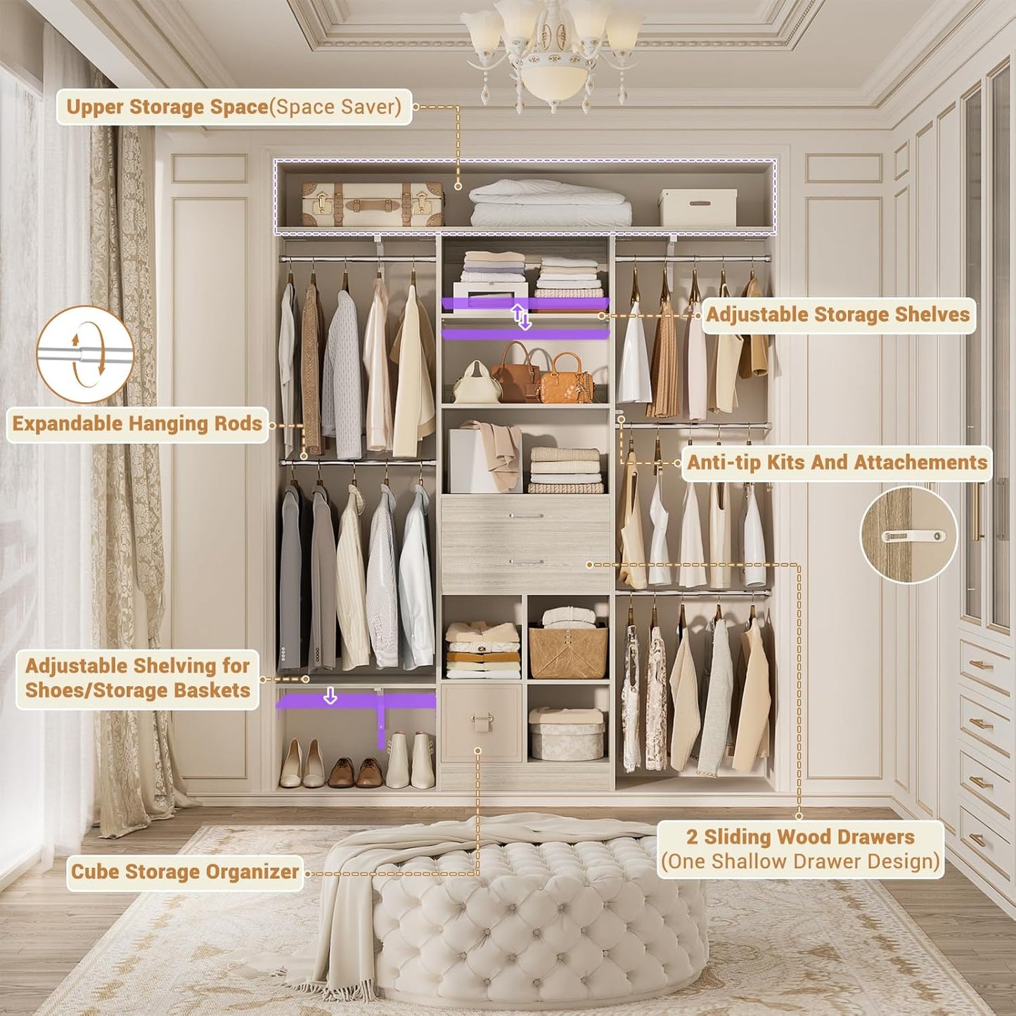 5FT Small Closet System, Baby Closet Organizer System with Wooden Drawers, 60 Inches Walk in Closet System with 5 Hanging Rods and 3 Reversible Hanging Shelving, Greige Oak
