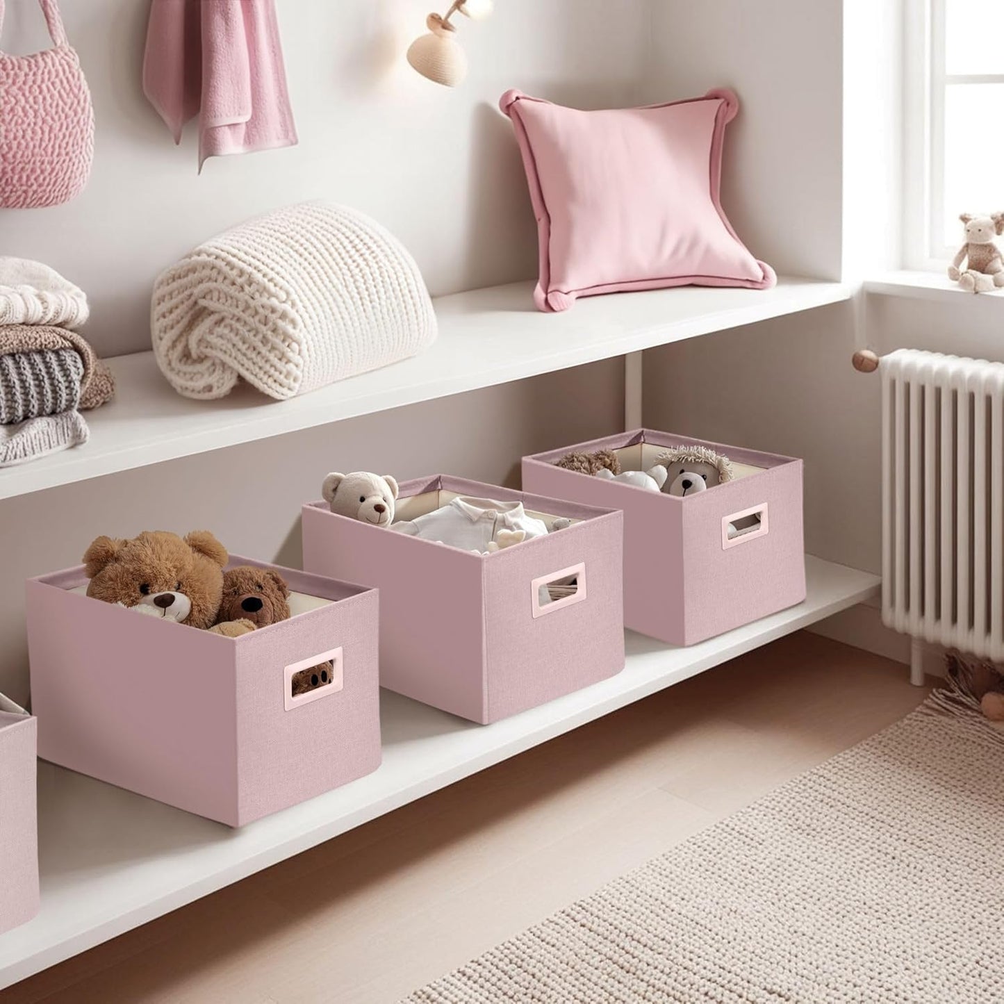 DECOMOMO Storage Bins for Shelves Robust Fabric Closet Bins for Shelves Toy Storage Clothes Books (Pack of 3 – Pink)