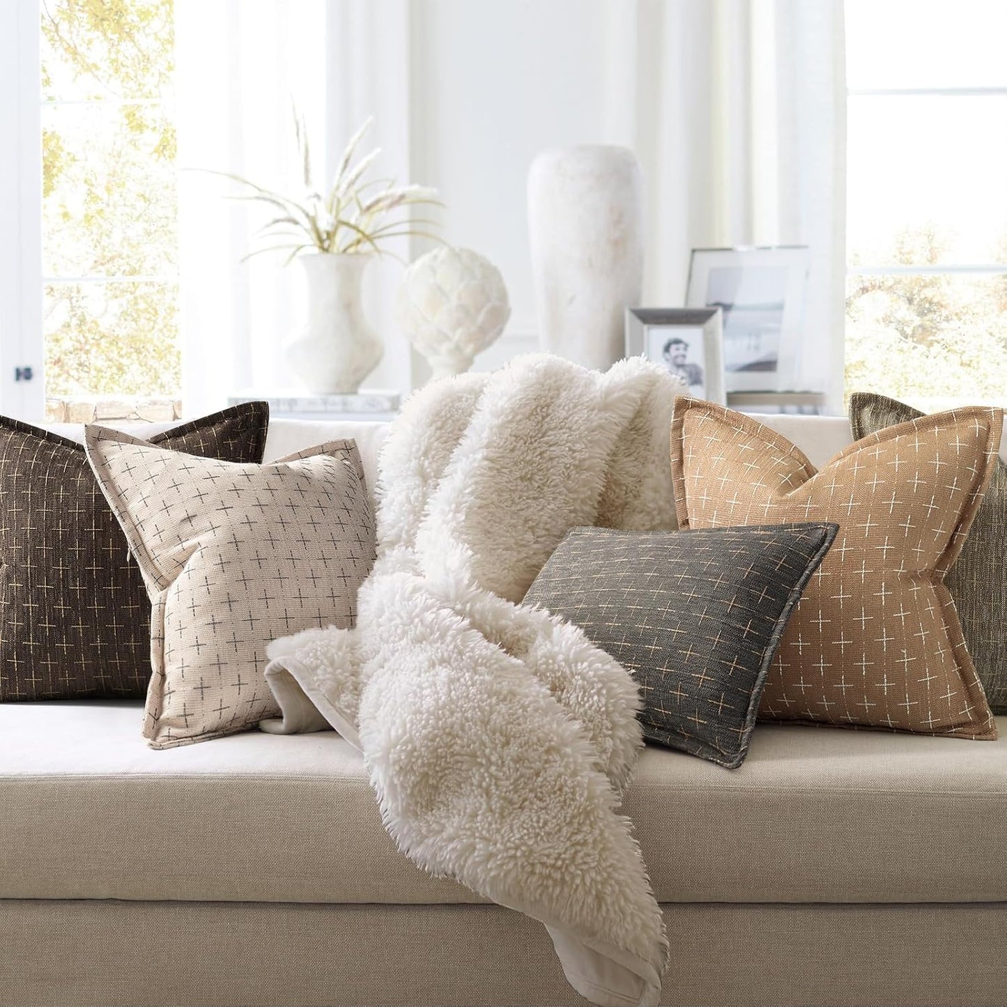 ZWJD Throw Pillow Pillow Covers 24x24 Set of 2 Soft Polyester Textured Pillow Covers with Stylish Flange Edge Cozy Farmhouse Throw Pillows for Couch Bed Sofa Living Room
