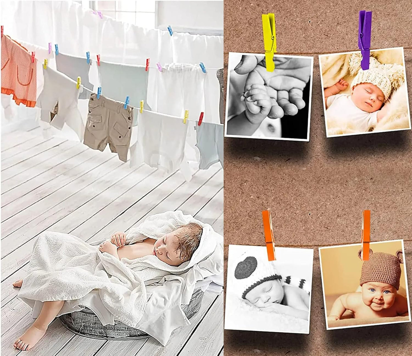 1.9 Inch Purple Wooden Clothes Pins with Strong Craft String for Pictures Papers Peg Photo Display Shirt Clips Pack 50