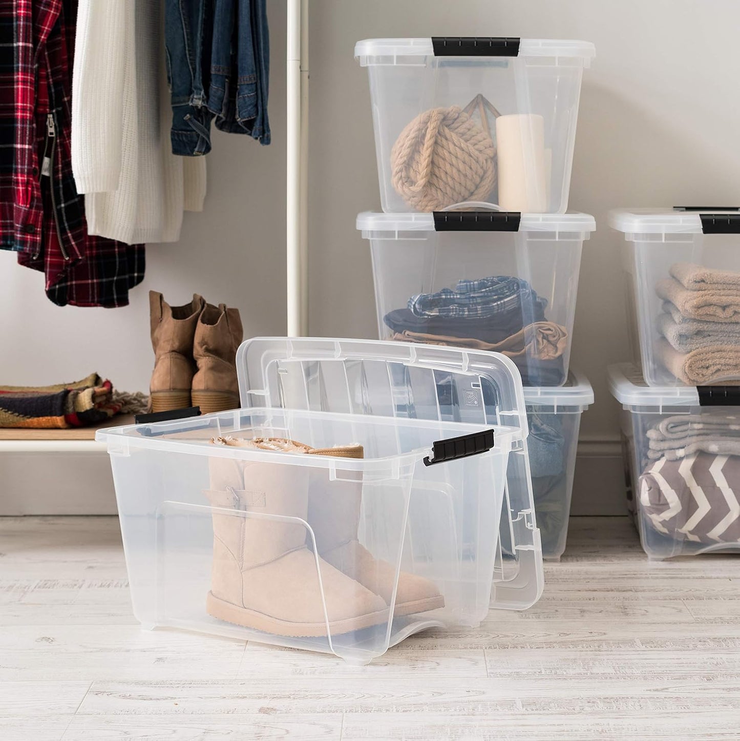 IRIS USA 32 Qt Stackable Plastic Storage Bins with Lids, 6 Pack - BPA-Free, Made in USA - See-Through Organizing Solution, Latches, Durable Nestable Containers, Secure Pull Handle - Clear