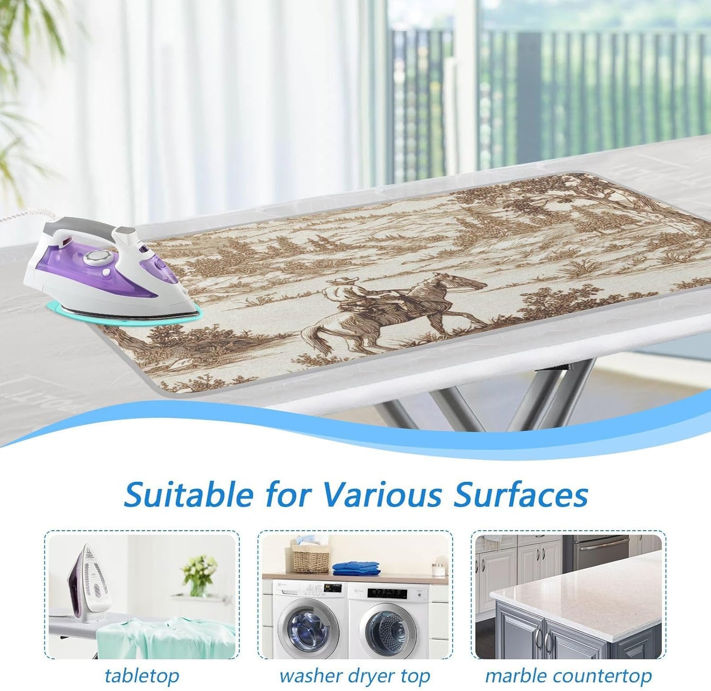 Ironing Mat Portable Ironing Pad Ironing Blanket for Table Top Heat Resistance Double-Side Using Travel Large 47.2 x 27.6 Inch Foldable Lightweight Cowboy Riding Horse Mountain Brown