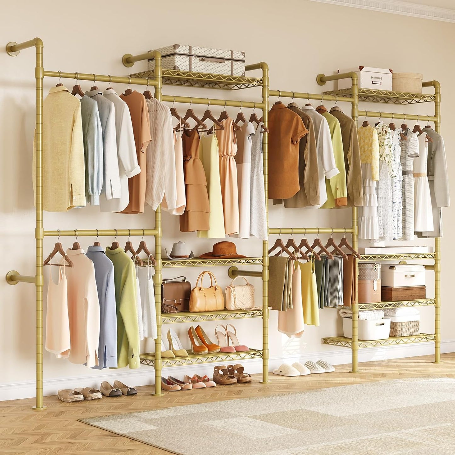 ONBRILL L4 Wall Mounted Industrial Pipe Clothing Rack, Closet Organizer System with 6 Hanging Clothes Rods ( 4 Expandable Rods) & 8 Shelves, Heavy Duty Corner Garment Rack, Large Wardrobe - Gold