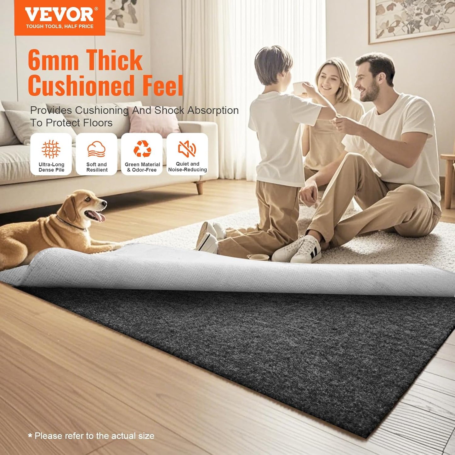 VEVOR Slip-Resistant Rug Pad, Protective Cushioning Carpet Pad, 2'x8' (7.87' Actual) - 1/4"Thick - Dual Surface - Polyester Felt + Latex, 1-2㎡ Area Carpet Padding Rug Cushion Safe for All Floors, Grey