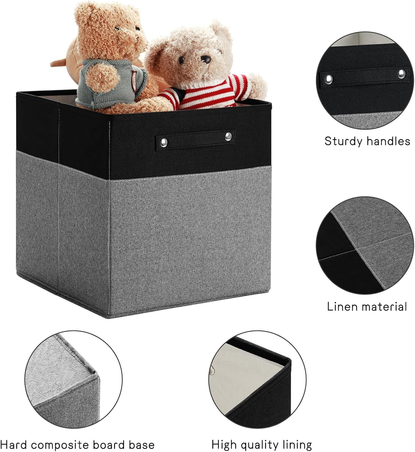 13 x 13 Inch Fine Linen Storage Bins with Handles，Fabric Cube Boxs，Collapsible Basket Organizers for Shelves for Home, Closet Drawers (Black/Gray-6 Pack)