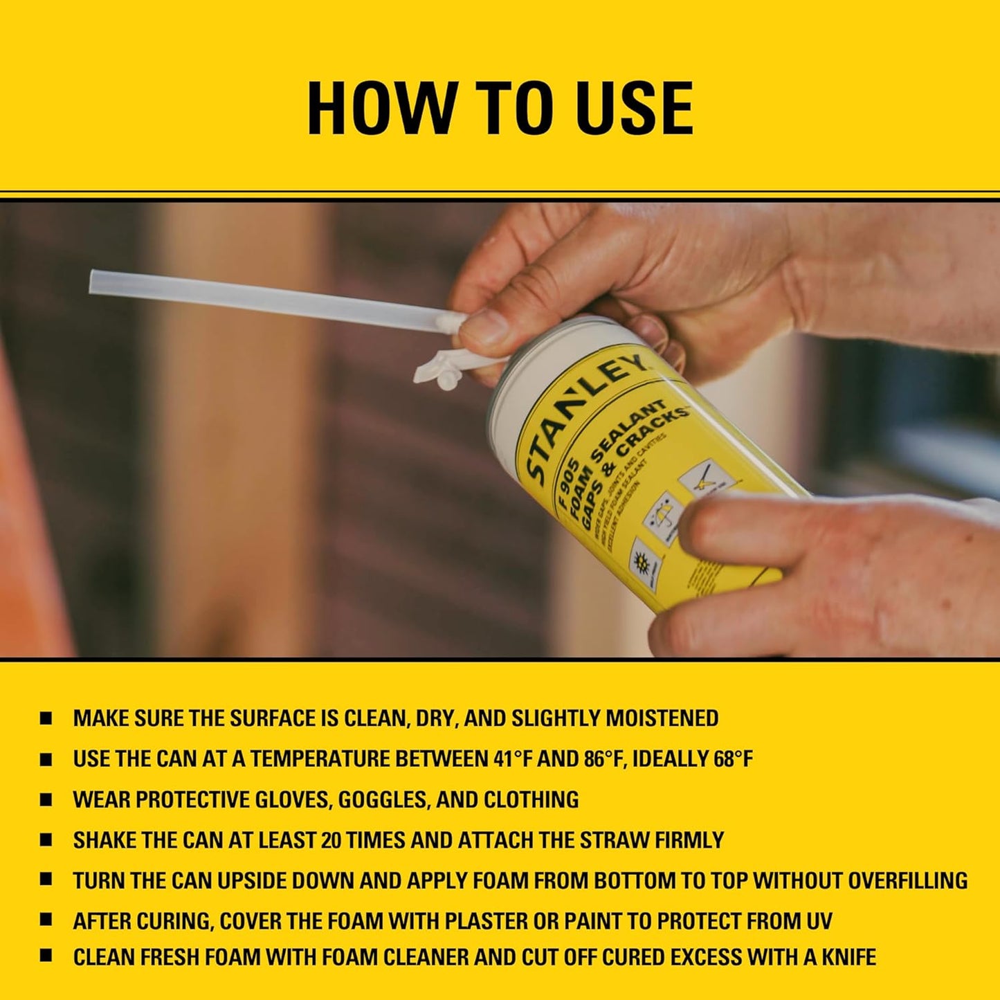 Stanley F905 Gaps & Cracks Sealant (12x12 Oz.) – Polyurethane Spray Foam Insulation for Window & Door, Waterproof Gap Filler, Low Expansion Foam for Indoor & Outdoor Use | Straw Use | 12 Oz. 12 Pack