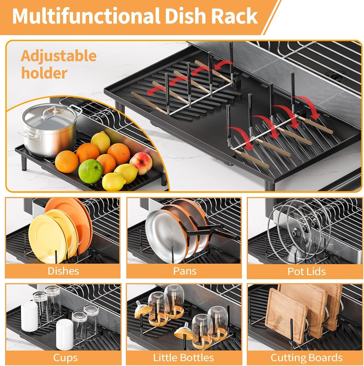 Expandable Dish Drying Rack for Kitchen Counter, 304 Stainless Steel Dish Rack, Multi-Function Dish Drainer, Large Dish Strainer with Cup Holder, Cutlery Holder, Extendable Large Size Silver