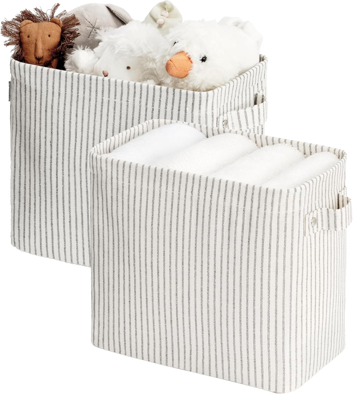 StorageWorks Narrow Storage Bins, Small Basket for Closet and Shelves, Rectangular Fabric Organizer with Handles, Toilet Paper Storage, Khaki and Beige Stripes, 2-Pack
