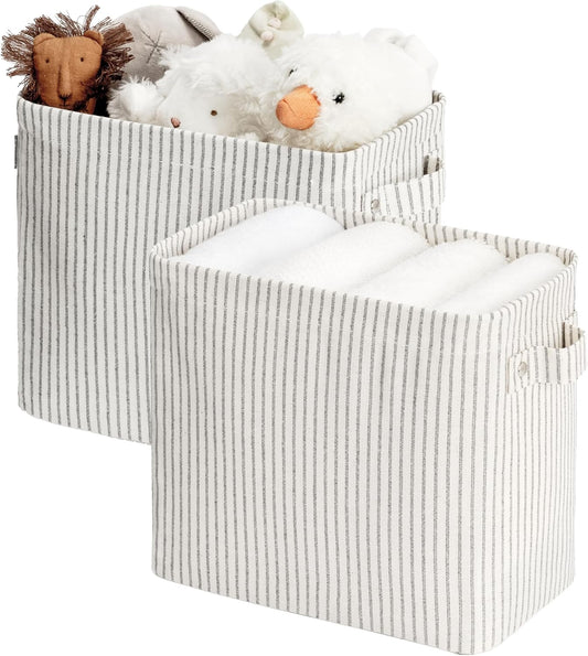 StorageWorks Narrow Storage Bins, Small Basket for Closet and Shelves, Rectangular Fabric Organizer with Handles, Toilet Paper Storage, Khaki and Beige Stripes, 2-Pack