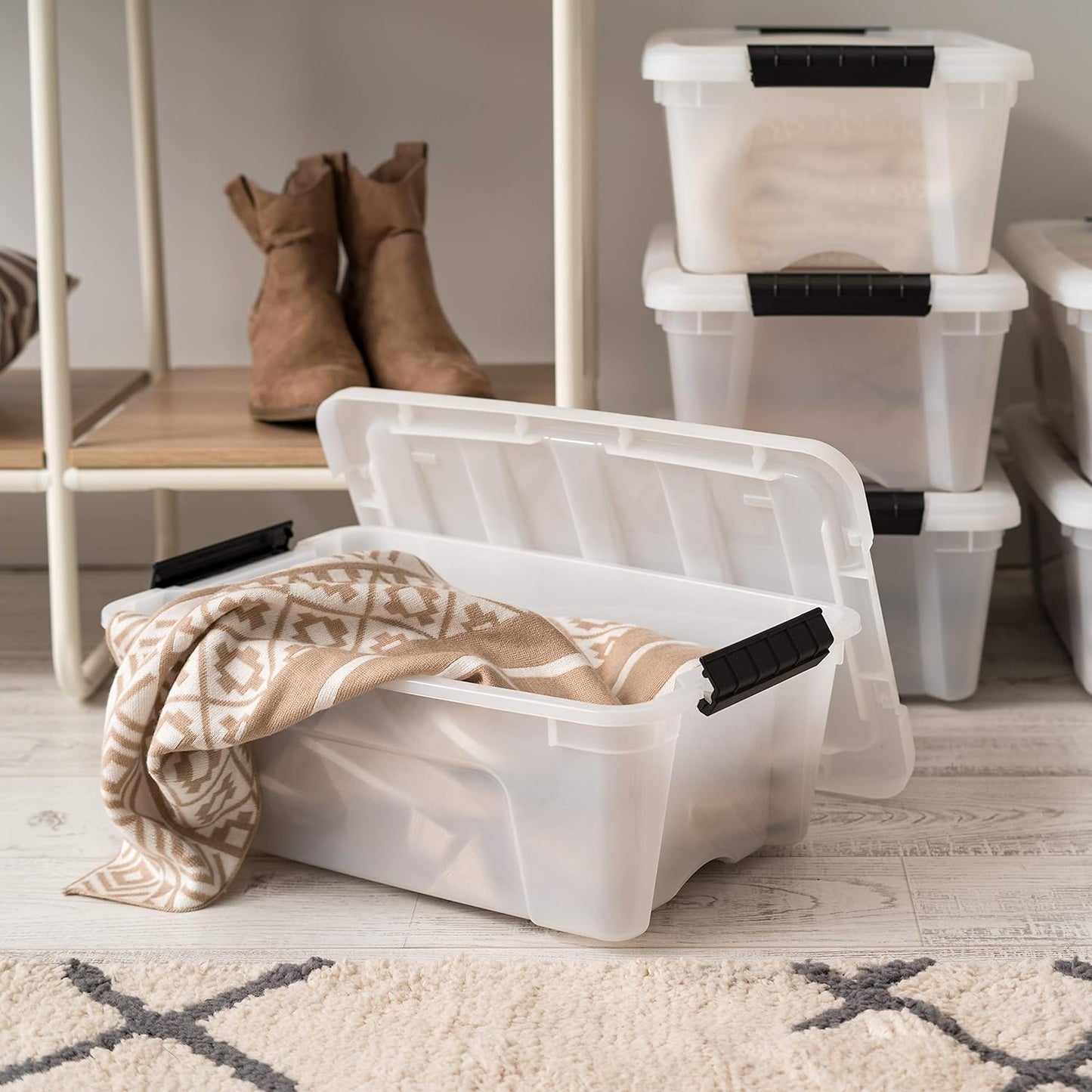 IRIS USA 13 Qt Stackable Plastic Storage Bins with Lids, 6 Pack - BPA-Free, Made in USA - Discreet Organizing Solution, Latches, Durable Nestable Containers, Secure Pull Handle - Pearl
