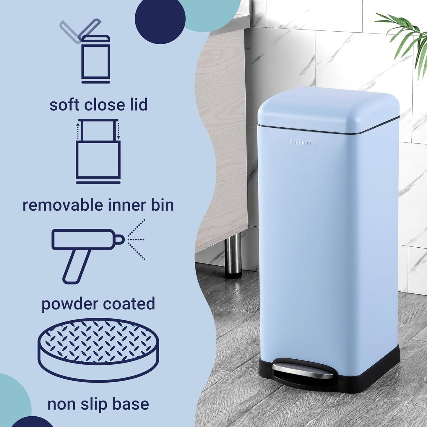 happimess HPM1007I Betty Retro 8-Gallon Step-Open Trash Can, Fingerprint Resistant, Modern, Minimalistic for Home, Kitchen, Laundry Room, Office, Bedroom, Bathroom, Tide Pool Blue