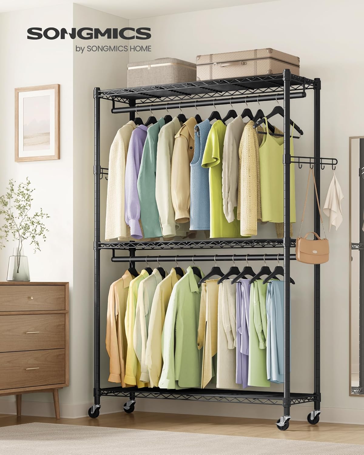SONGMICS Heavy-Duty Rolling Clothes Rack, Garment Rack, Portable Closet, 43.3-Inch Wide Clothing Rack on Wheels, with Adjustable Mesh Shelves and Hanging Rails, Hooks, Ink Black ULGR414B01