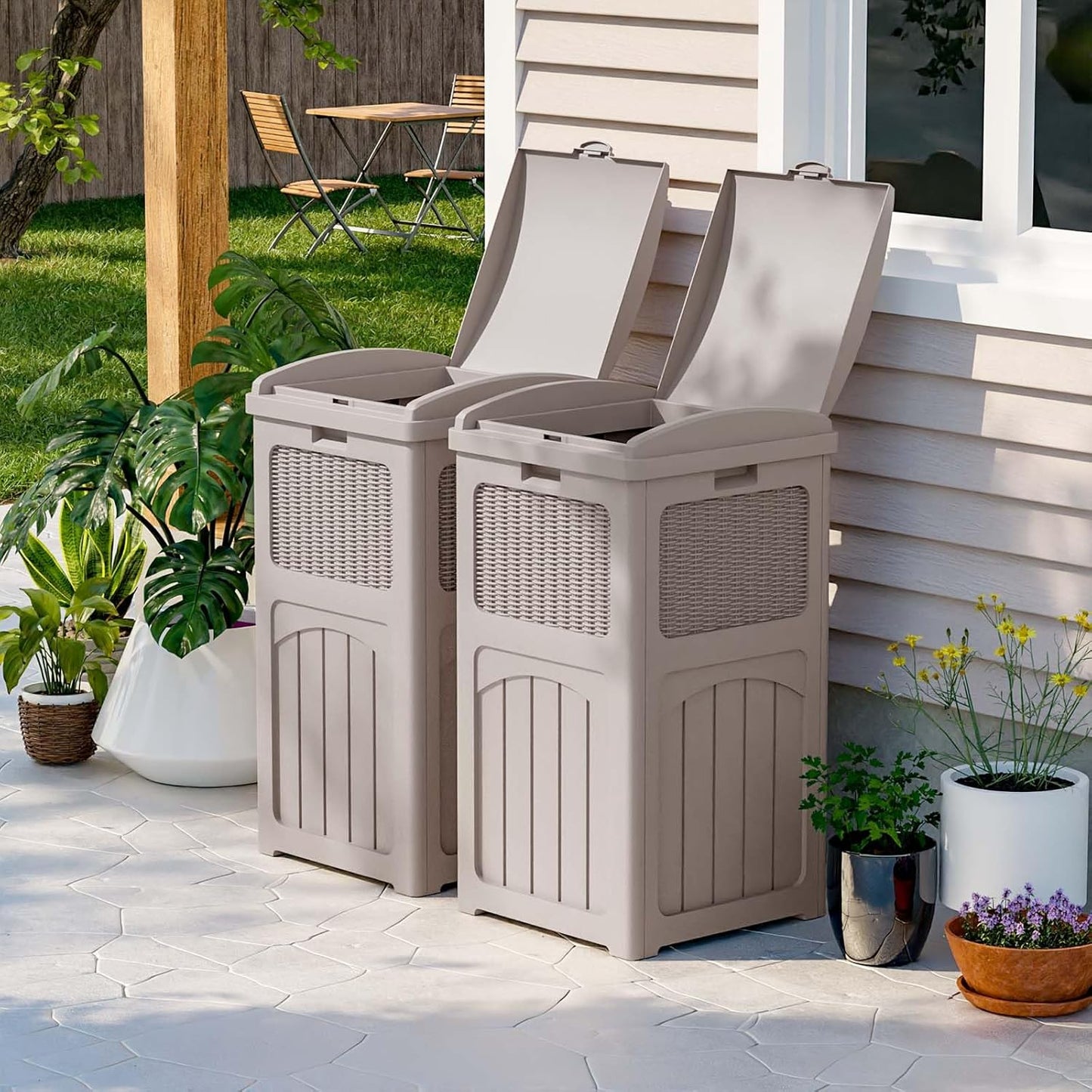 Patiowell 36 Gallon Outdoor Trash Can, Resin Outdoor Garbage Can with Lid for Patio, Backyard, Deck, Light Brown （2 Pack）