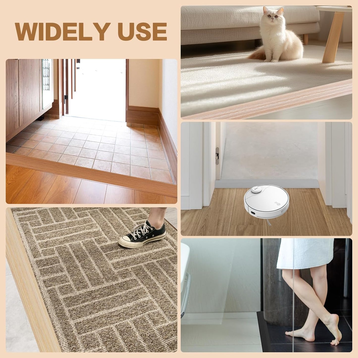 Floor Transition Strip Vinyl Door Threshold Ramp Self Adhesive Carpet Edging Strip Doorway Edge Trim, Overlap Edge Reducer for Laminate Carpet, Floor, Tile (Brown Wood Grain, 3/5" to 4/5", 3.3Ft)