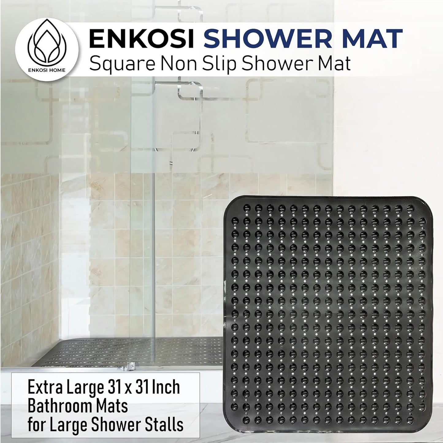 ENKOSI Extra Large Square Non Slip Shower Mat - 31 x 31-inch XL Bathroom Shower Mat - Square Shower Matts for Shower Stall Floors | Secure Suction Cups and Drain Holes (31x31 White)