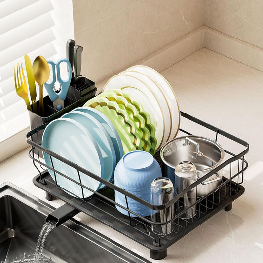 Iron Dish Drying Rack Auto Drain Dish Drainers Kitchen Counter Strainer with Draining Tray, All Black