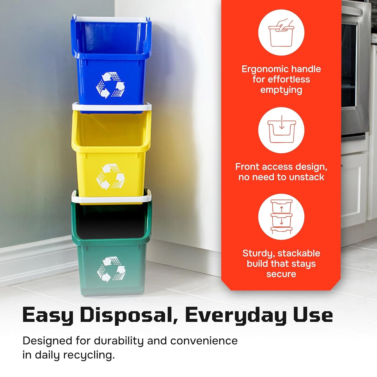 6 Gallon Stackable Recycling Bins for Homes, Garages, Offices Made of 100% Recycled Plastic - (Red, 6 Pack)