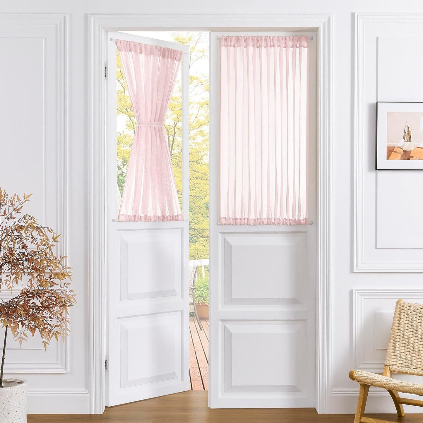 Tollpiz Sheer Door Curtains Closet Linen Textured Curtain Sheers Doorway Light Filtering Voile French Door Rod Pocket Curtains Patio Glass Door, 54 x 63 inches Long, Pink, Set of 1 Panel