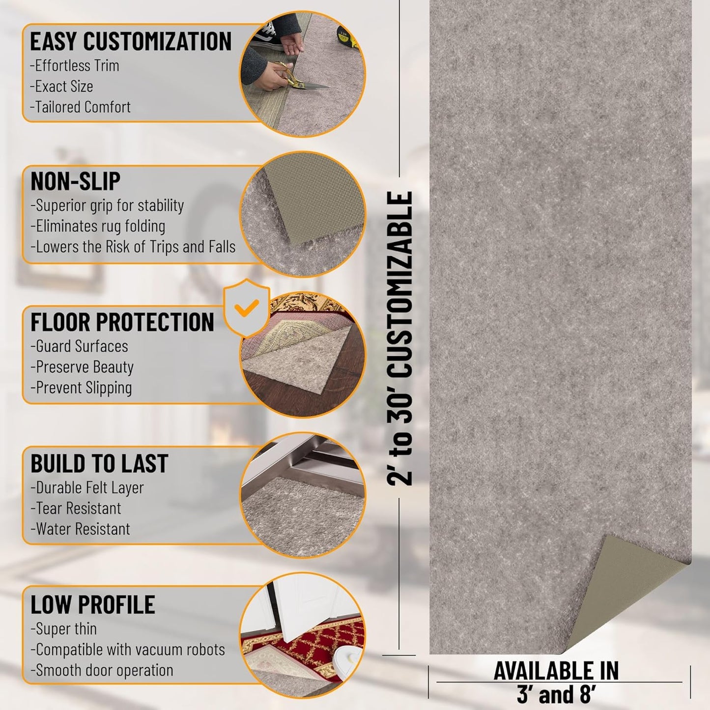 Ottomanson 3' x 9' Non-Slip Rug Pad Gripper 1/4 Inch Thick Dual Surface Felt + Rubber Gripper - Safe for All Floors, Brown